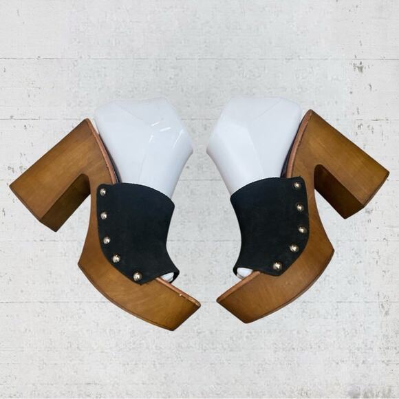 Steve Madden Platform Mule Black Suede Wooden Chunky Sandal Size 9 Retro Boho - Picture 4 of 11